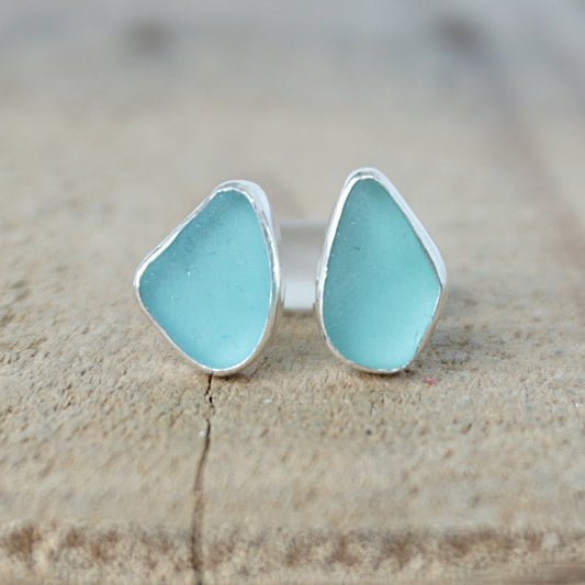 Teal Blue Green Sea Glass Stud Earrings