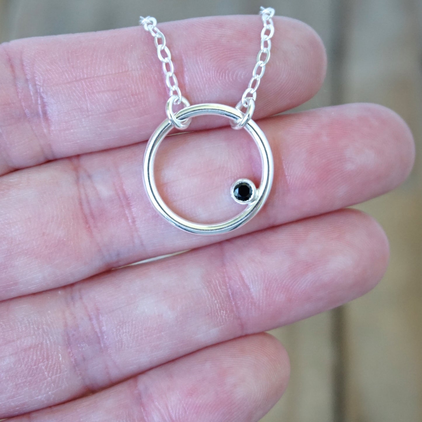 Sterling Silver Circle Necklace with Black Spinel