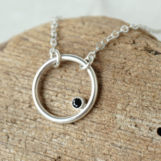 Sterling Silver Circle Necklace with Black Spinel