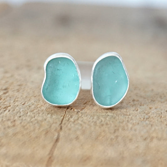 Teal Blue Green Sea Glass Stud Earrings