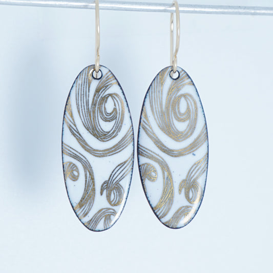Gold Swirl on White Enamel Oval Earrings