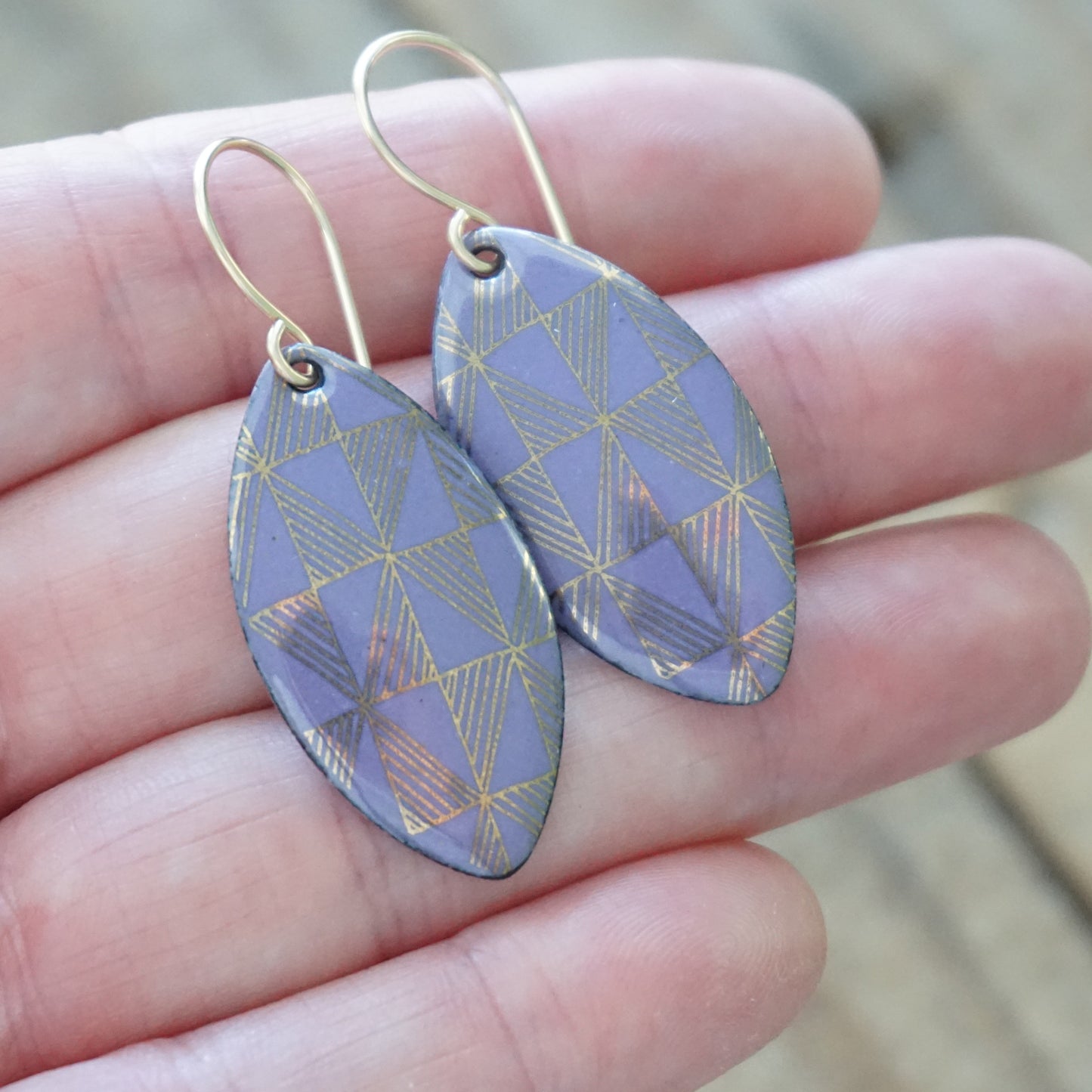 Gold Windmill on Purple Enamel Marquis Earrings