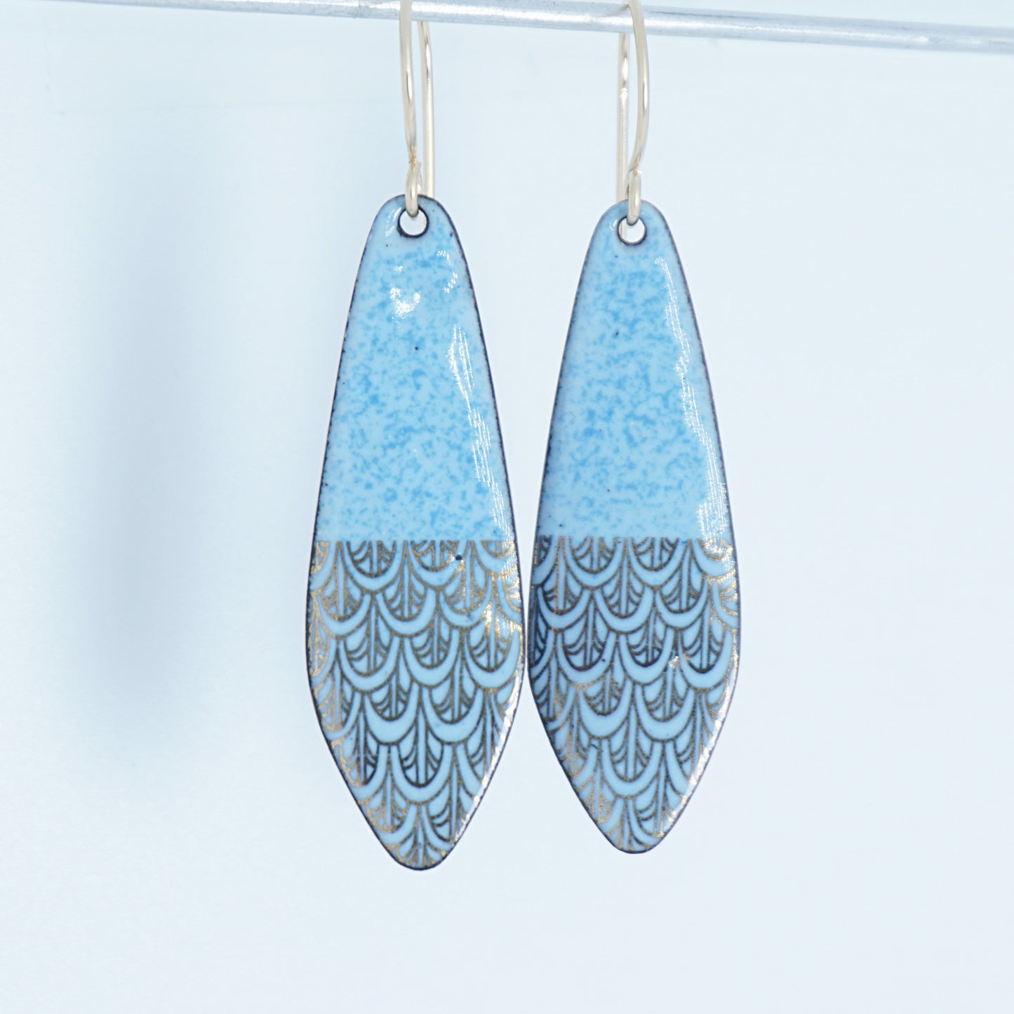 Gold Mermaid Scales on Light Blue Enamel Teardrop Earrings