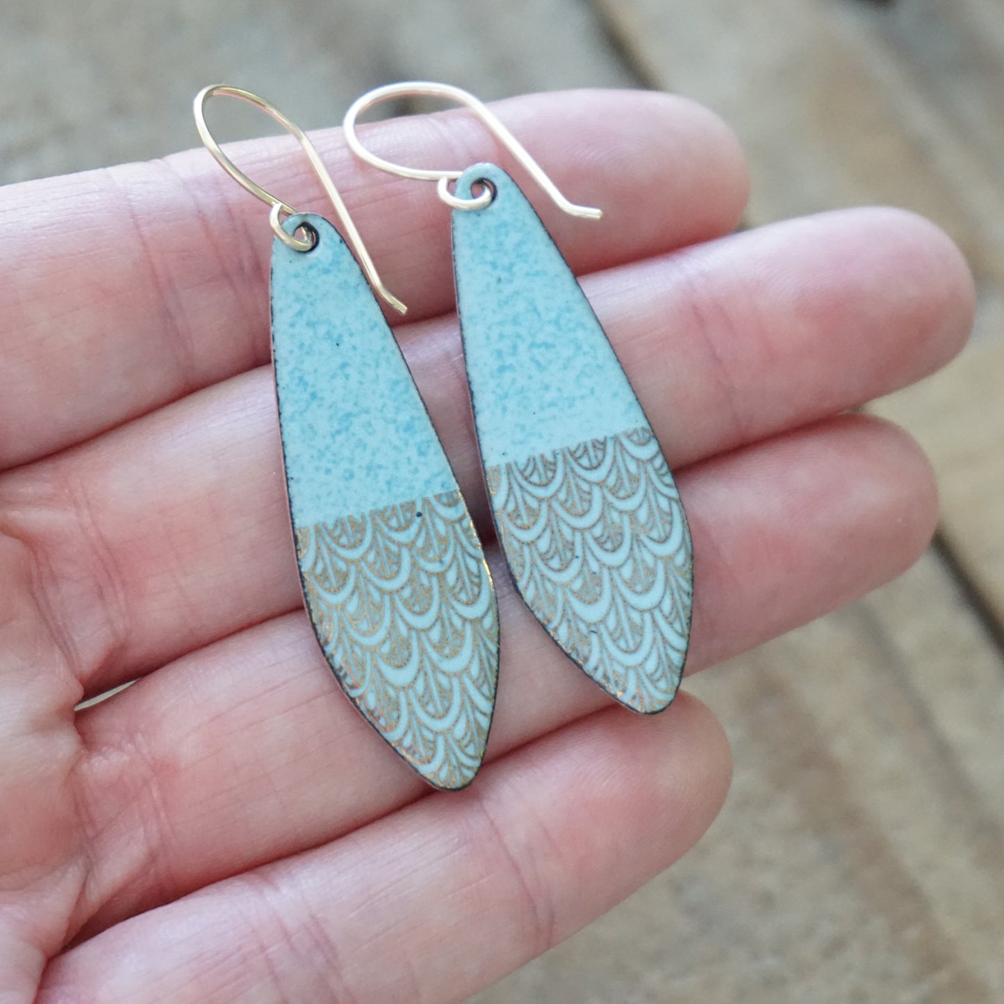 Gold Mermaid Scales on Light Blue Enamel Teardrop Earrings