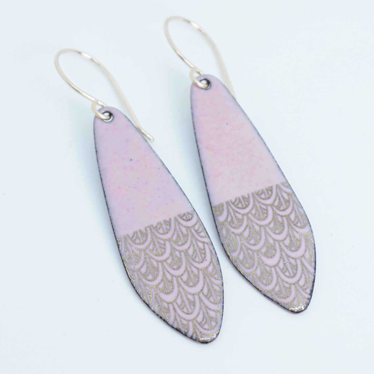 Gold Mermaid Scales on Pink Enamel Teardrop Earrings