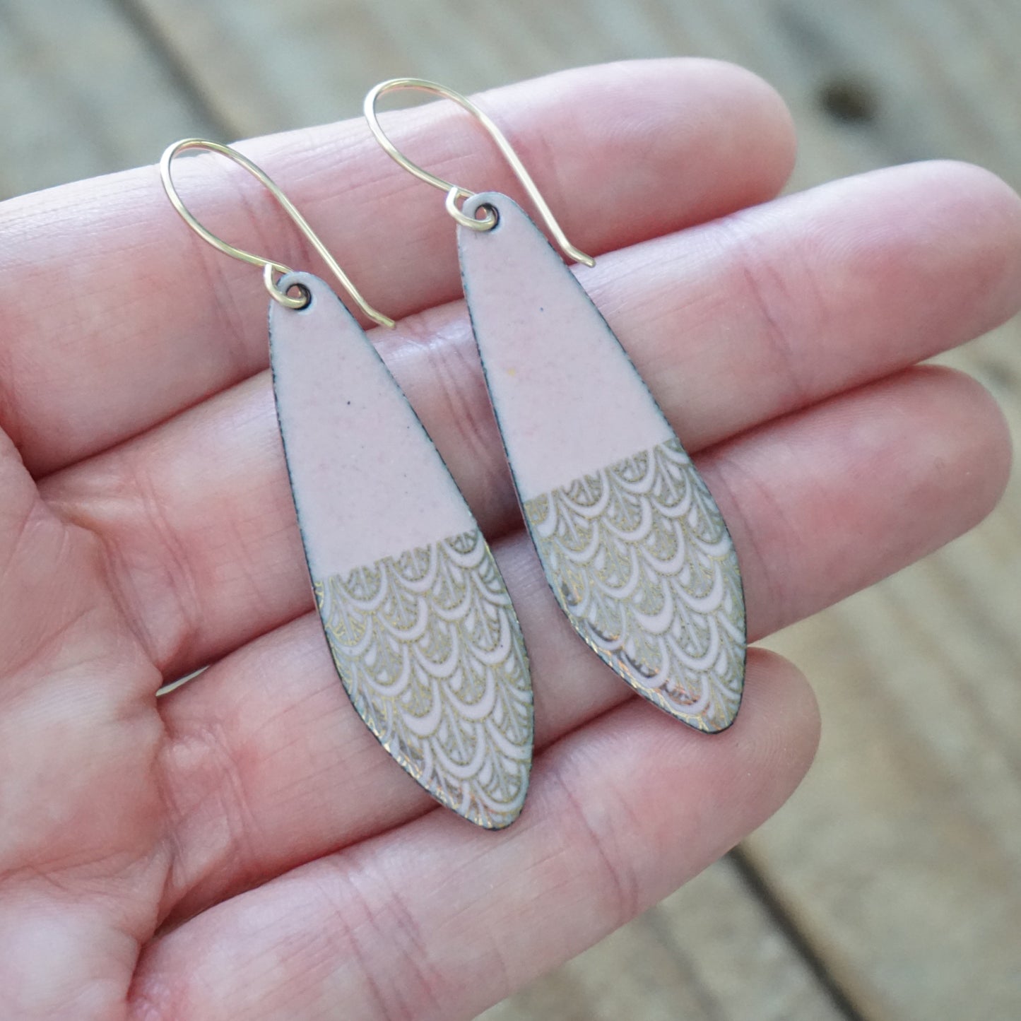 Gold Mermaid Scales on Pink Enamel Teardrop Earrings