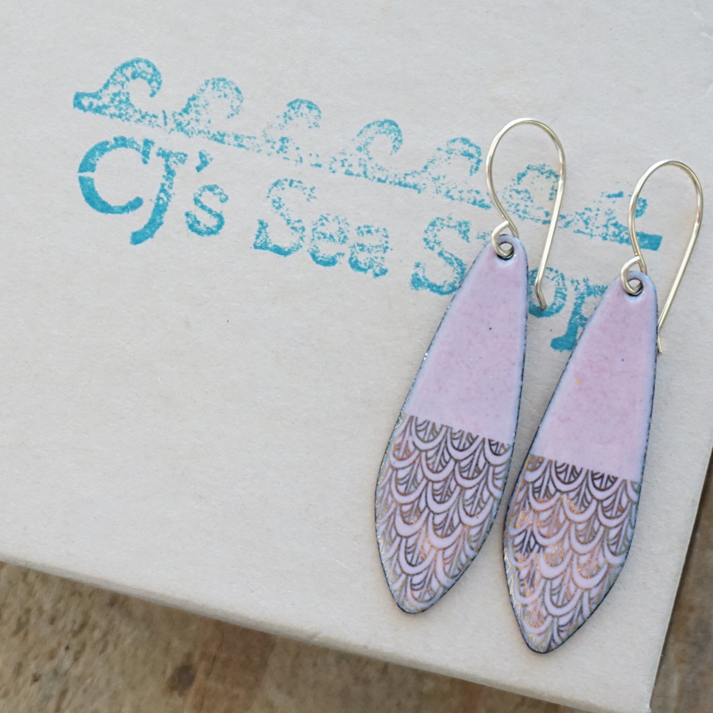 Gold Mermaid Scales on Pink Enamel Teardrop Earrings