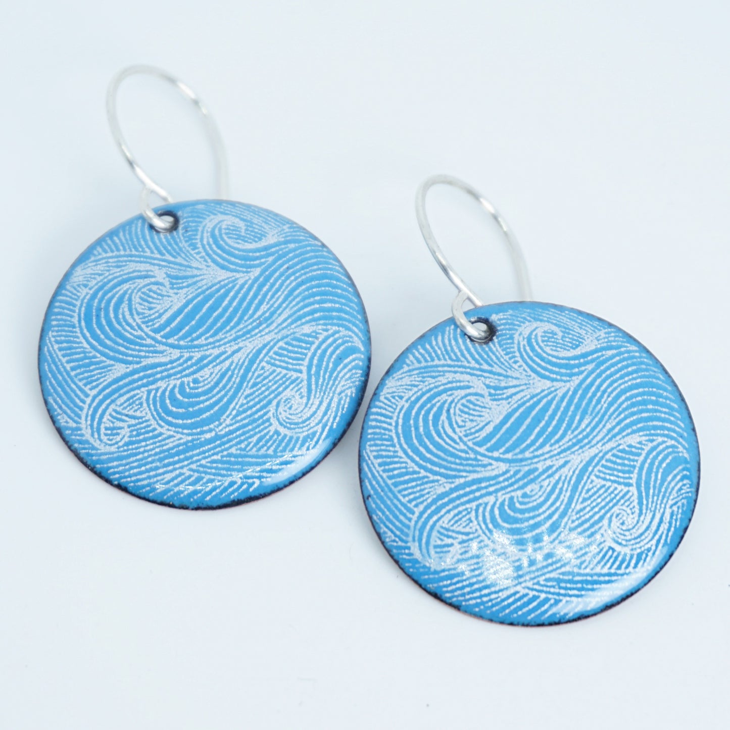 White Wave Accents on Aqua Blue Enamel Disc Earrings