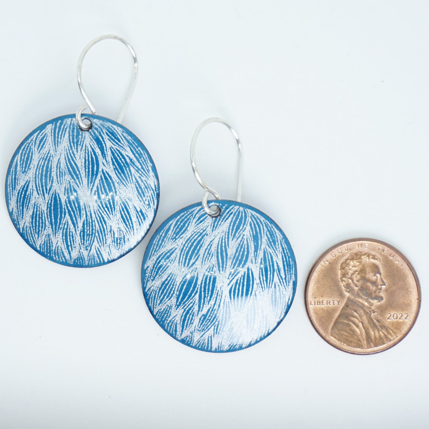 White Leaf Accents on Peacock Teal Enamel Disc Earrings