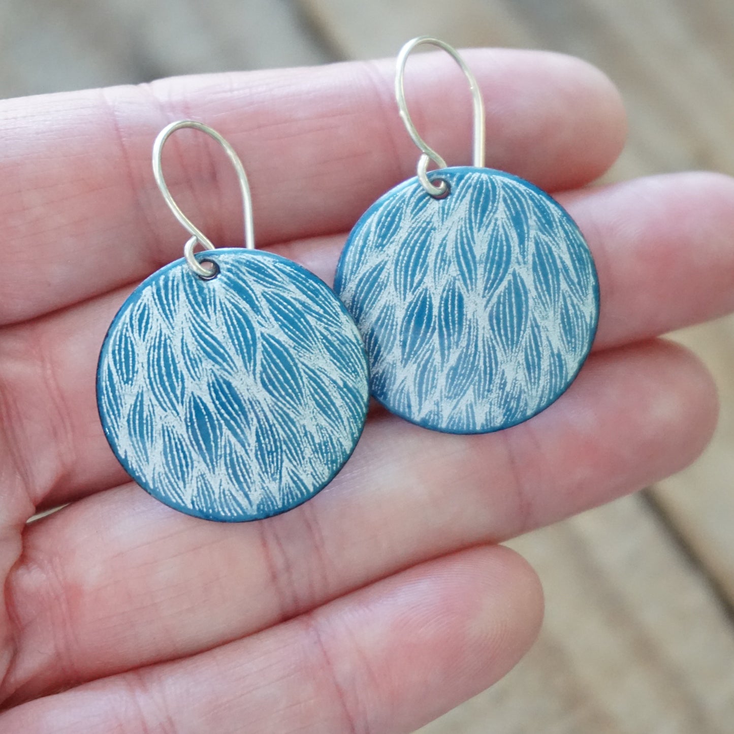 White Leaf Accents on Peacock Teal Enamel Disc Earrings