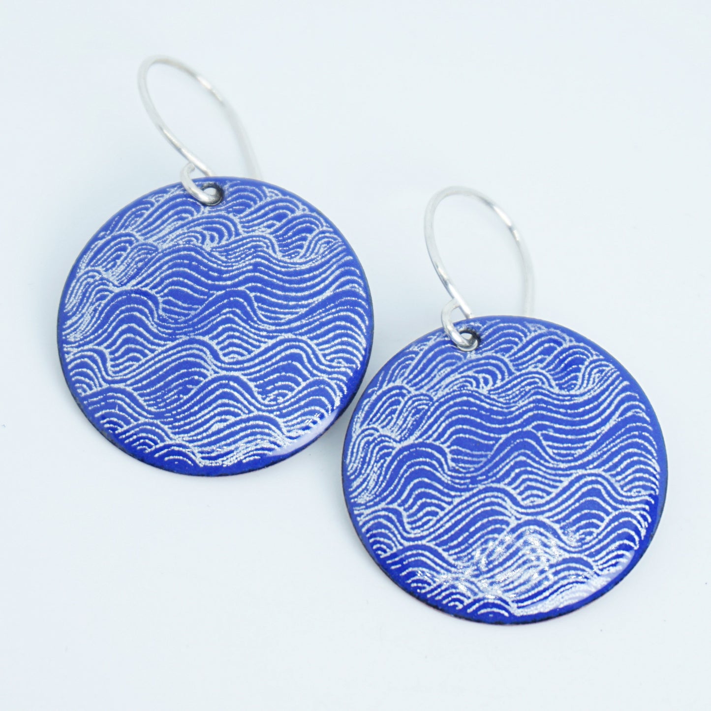 White Wave Line Accents on Cobalt Blue Enamel Disc Earrings