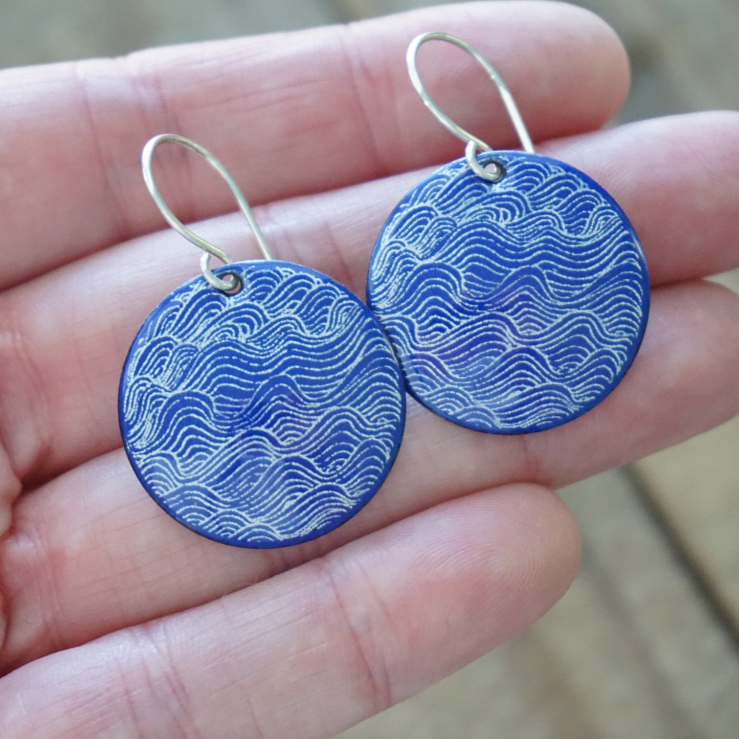 White Wave Line Accents on Cobalt Blue Enamel Disc Earrings