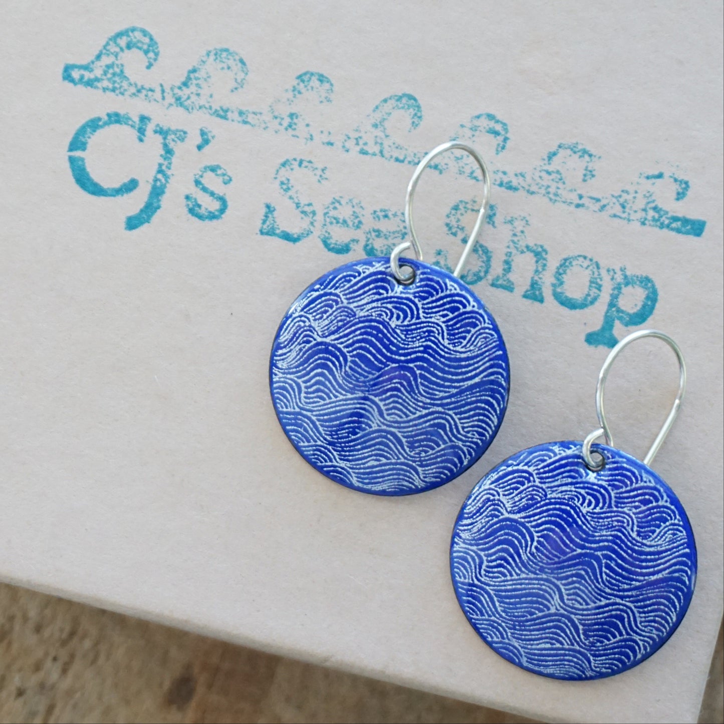 White Wave Line Accents on Cobalt Blue Enamel Disc Earrings