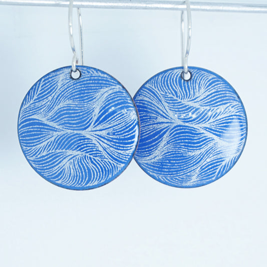 White Feather Accents on Cobalt Blue Enamel Disc Earrings