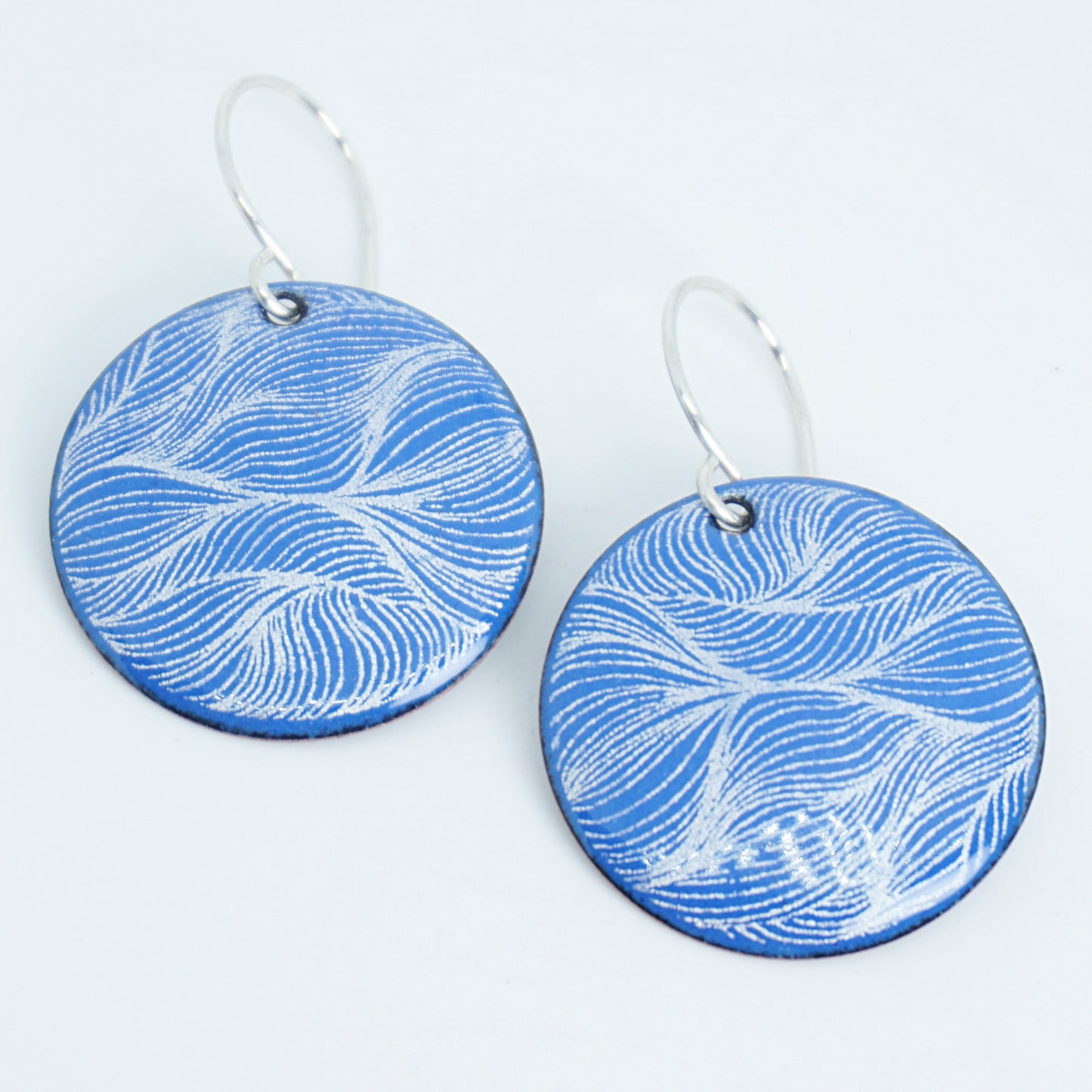 White Feather Accents on Cobalt Blue Enamel Disc Earrings