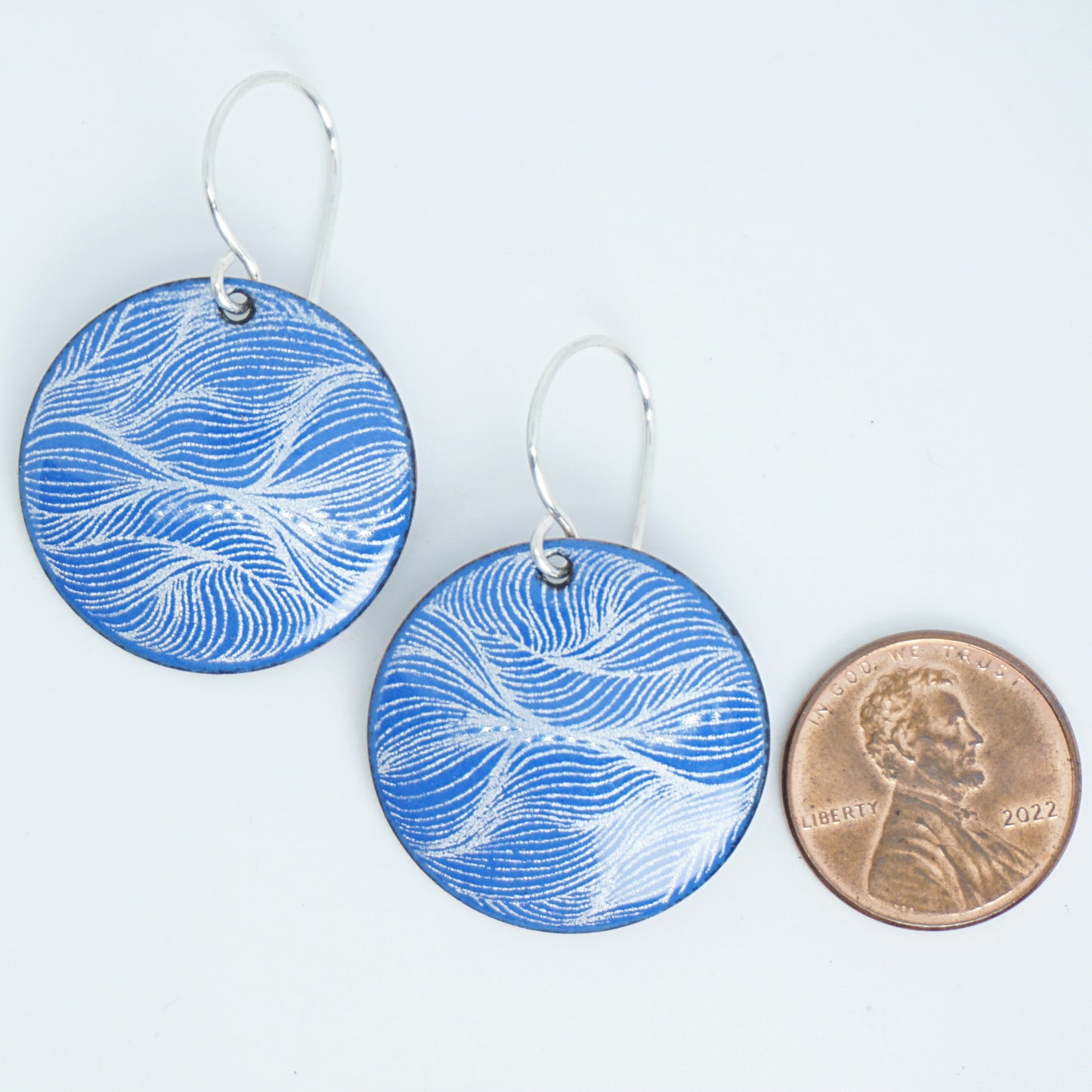 White Feather Accents on Cobalt Blue Enamel Disc Earrings