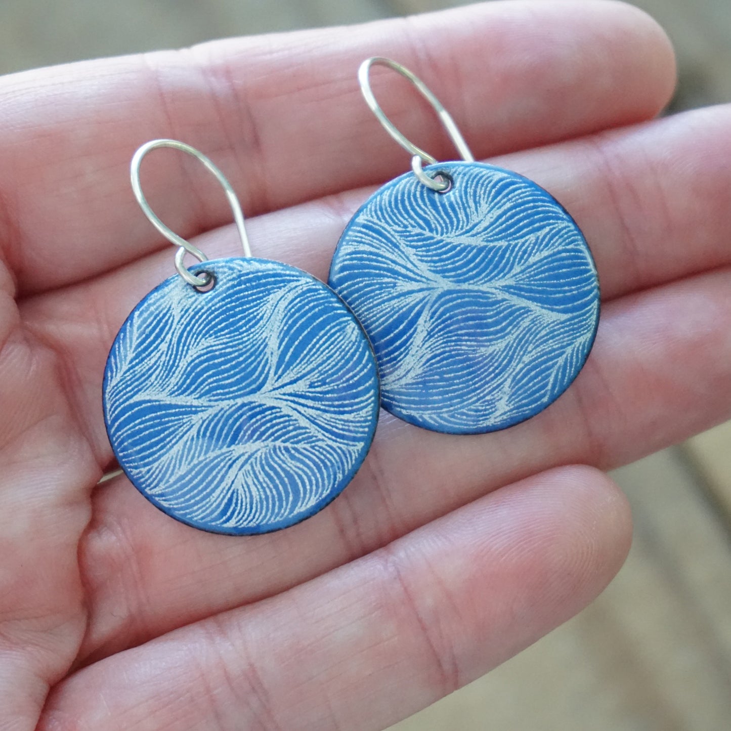 White Feather Accents on Cobalt Blue Enamel Disc Earrings