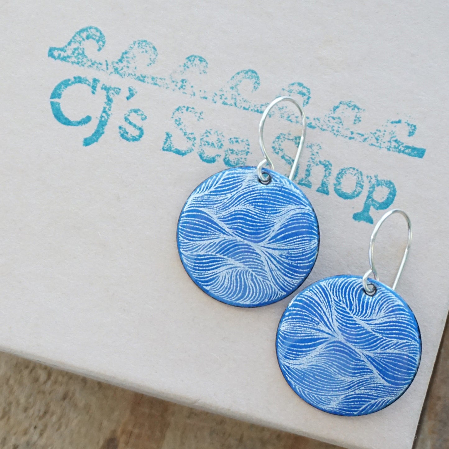 White Feather Accents on Cobalt Blue Enamel Disc Earrings