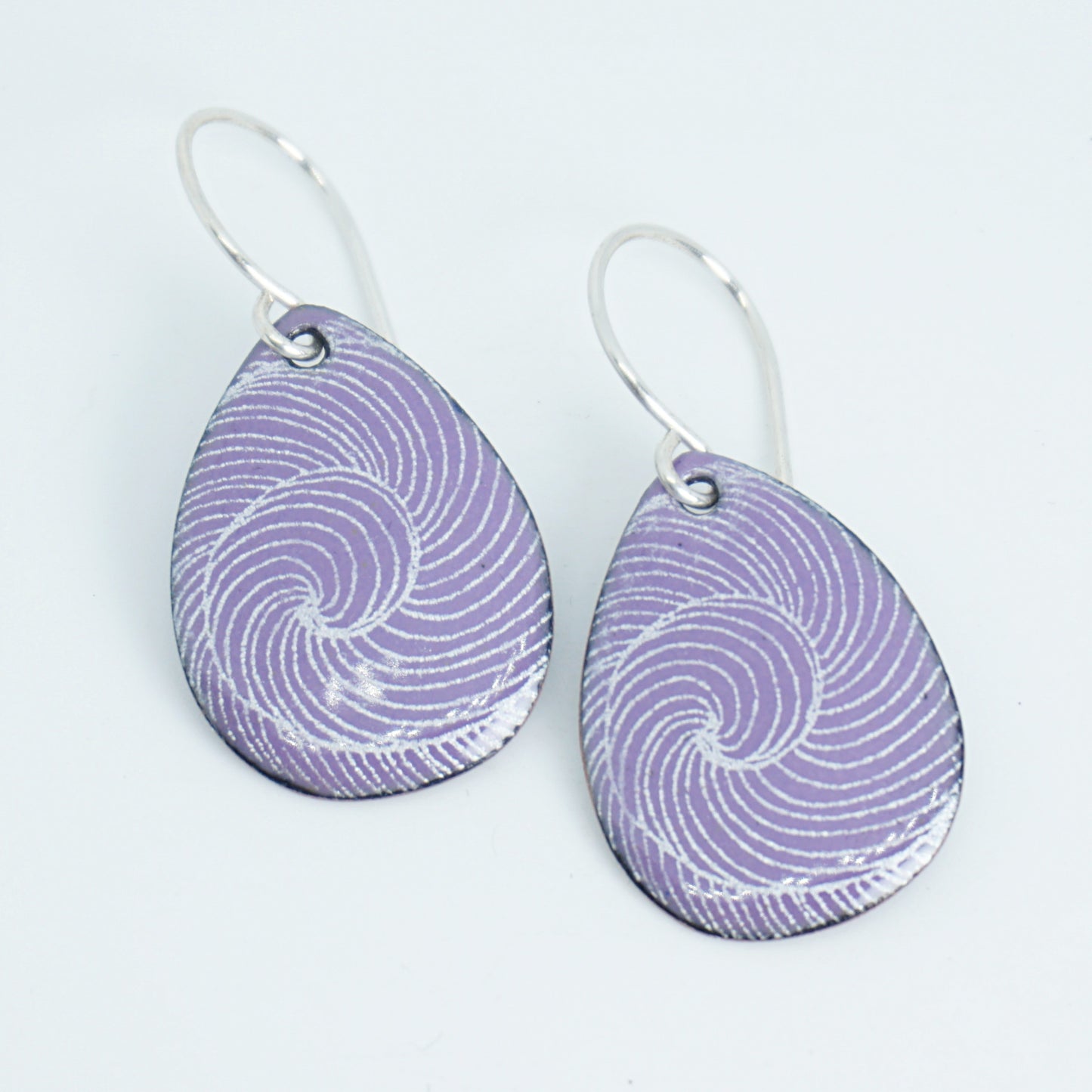 White Swirl Accents on Purple Enamel Teardrop Earrings