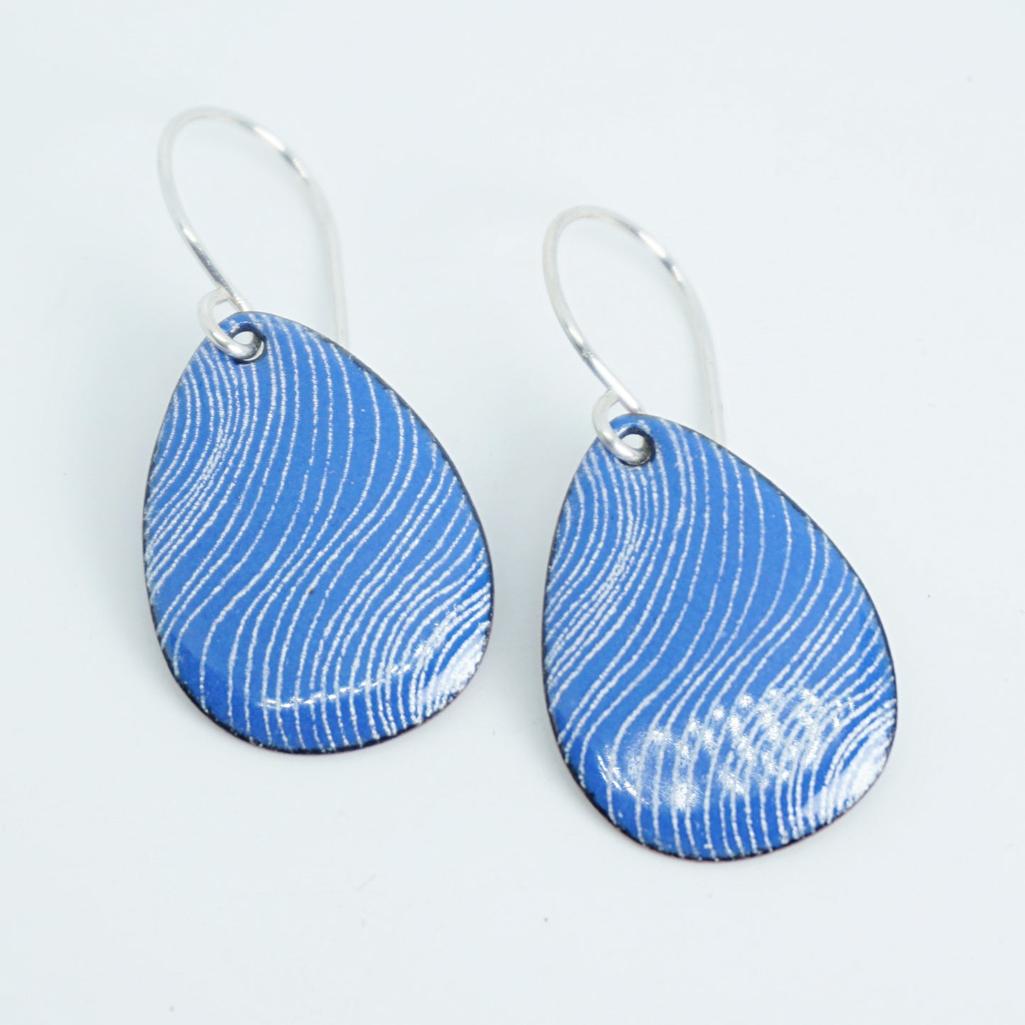 White Wavy Line Accents on Cobalt Blue Enamel Teardrop Earrings