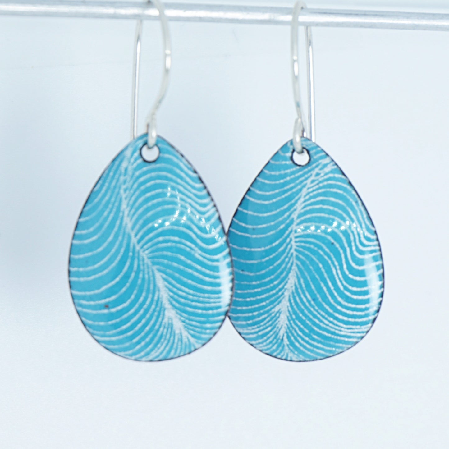White Line Accents on Teal Green Enamel Teardrop Earrings
