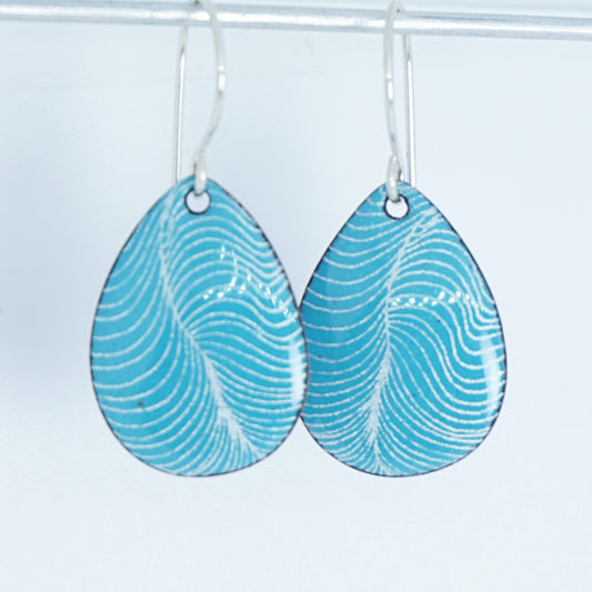 White Line Accents on Teal Green Enamel Teardrop Earrings