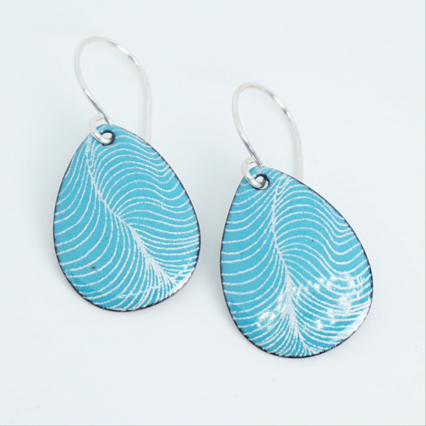 White Line Accents on Teal Green Enamel Teardrop Earrings