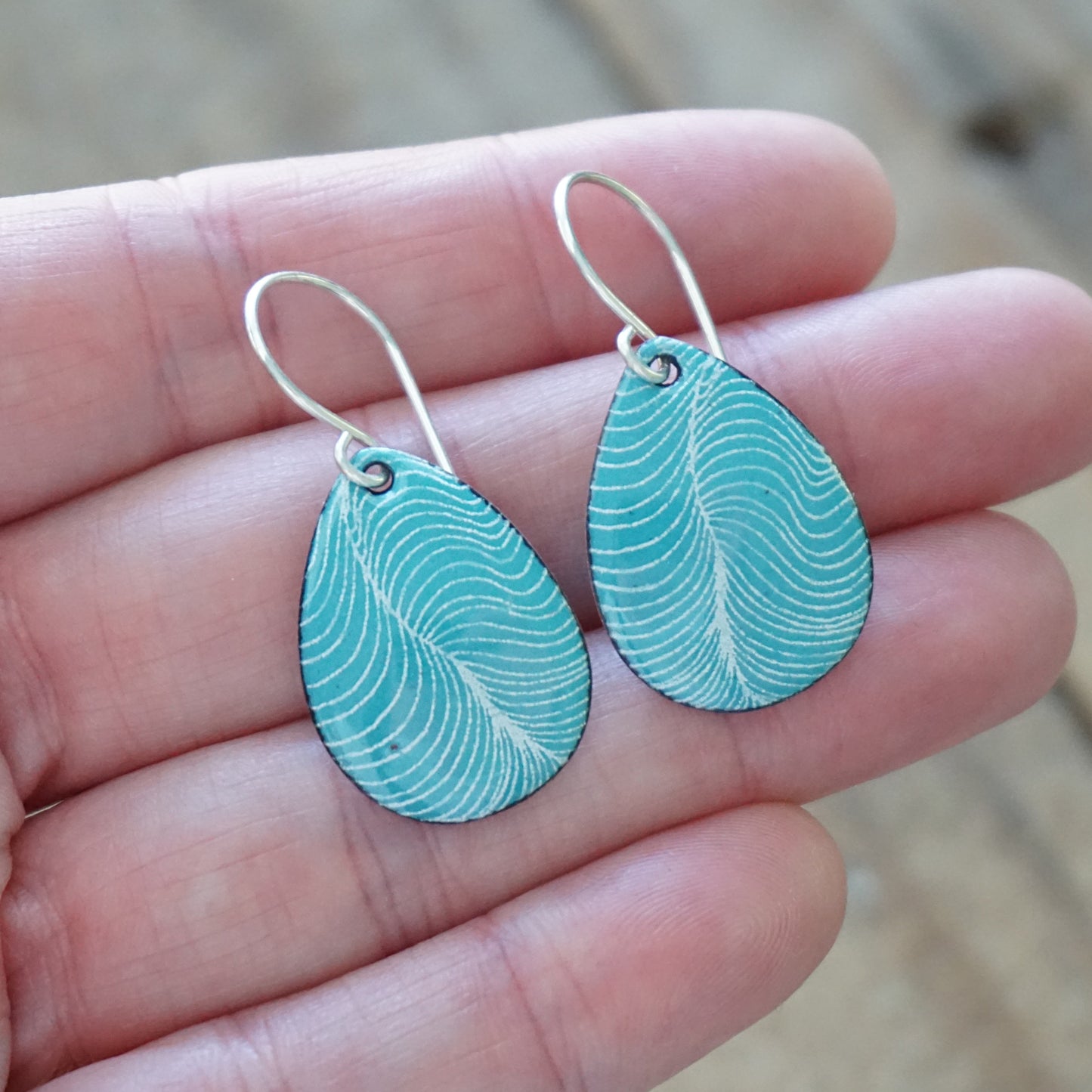 White Line Accents on Teal Green Enamel Teardrop Earrings