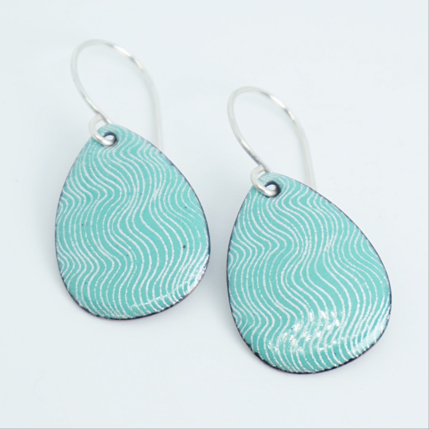 White Wavy Line Accents on Green Enamel Teardrop Earrings