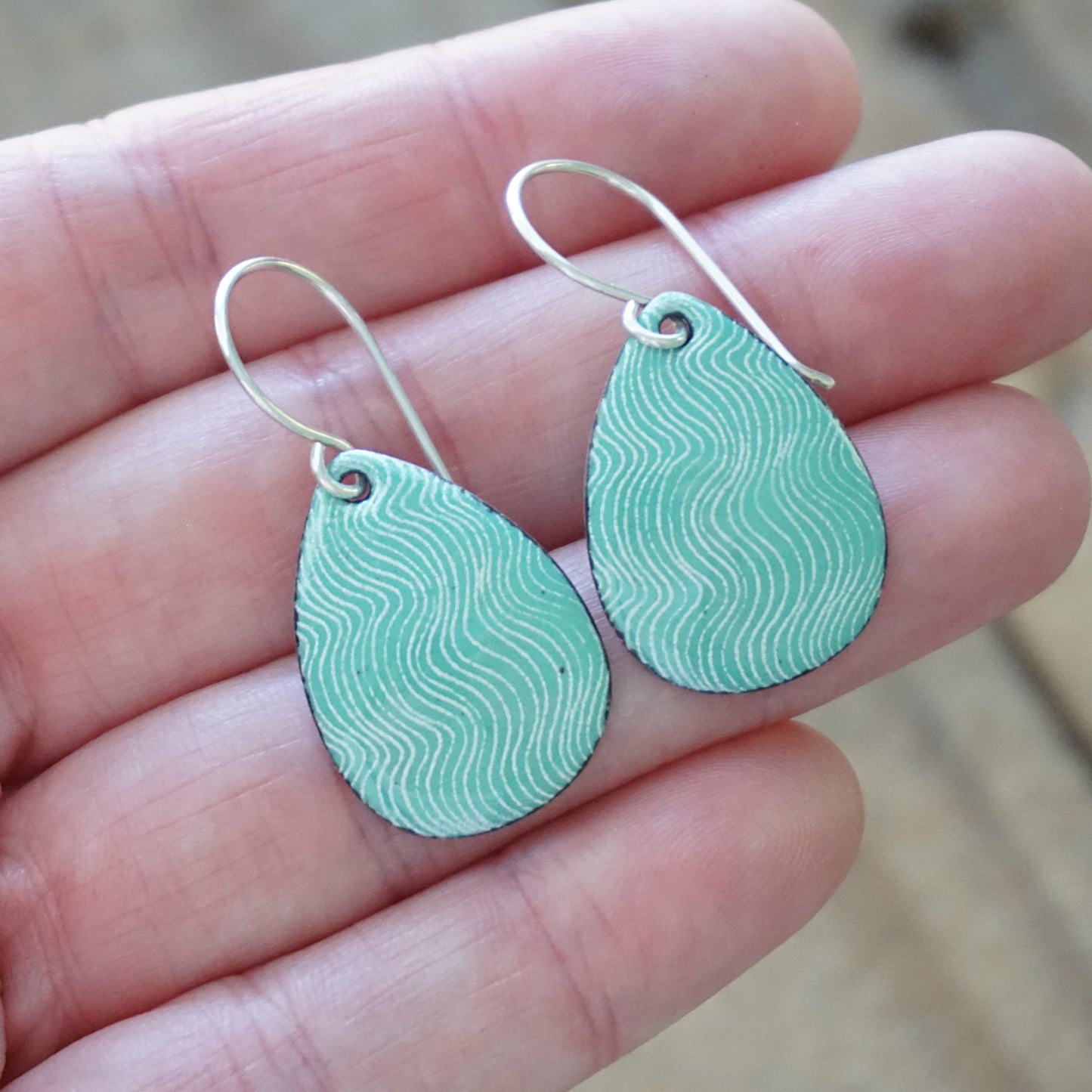 White Wavy Line Accents on Green Enamel Teardrop Earrings