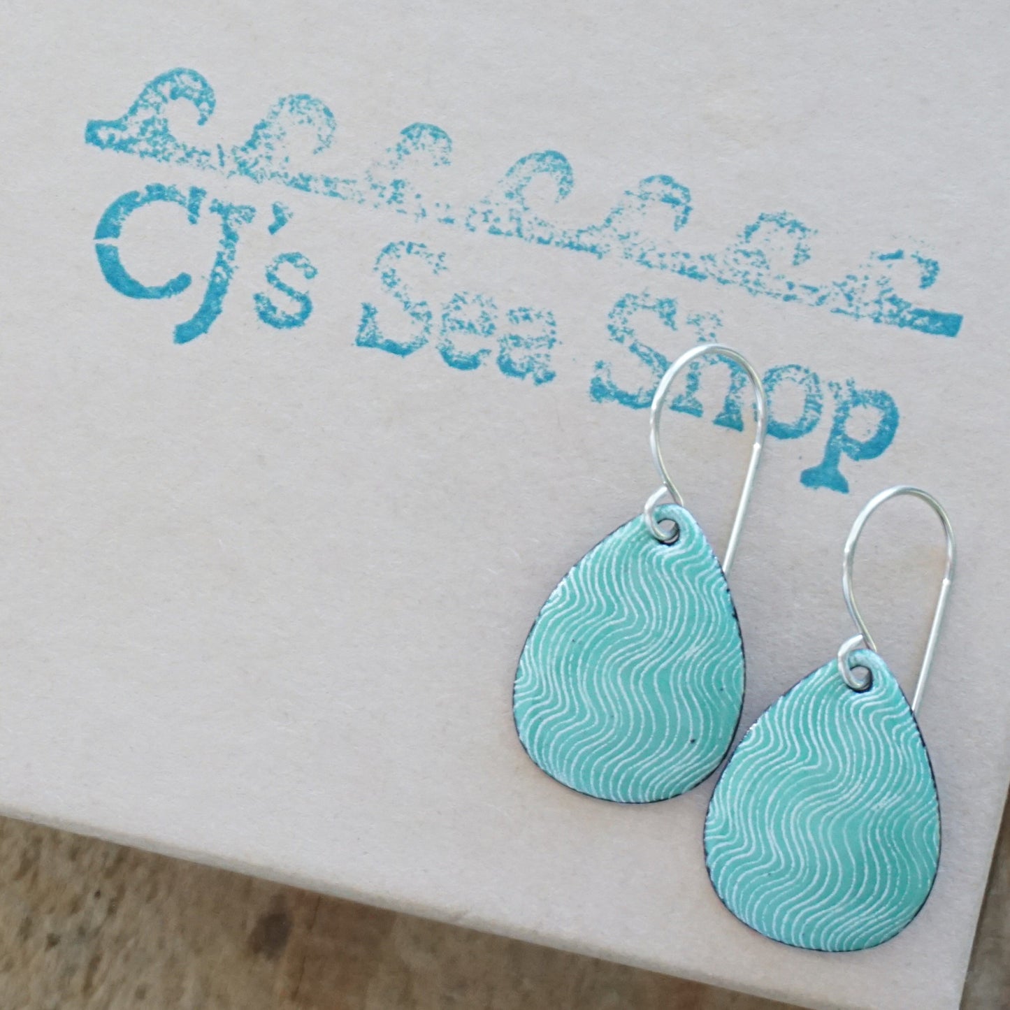 White Wavy Line Accents on Green Enamel Teardrop Earrings