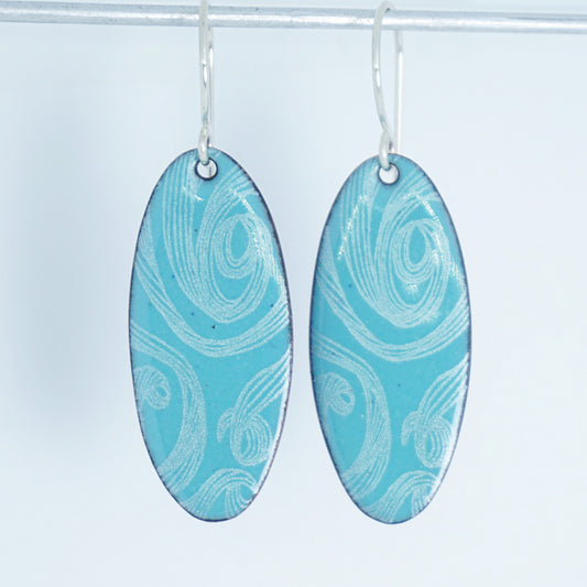 White Swirls on Light Teal Green Enamel Oval Earrings