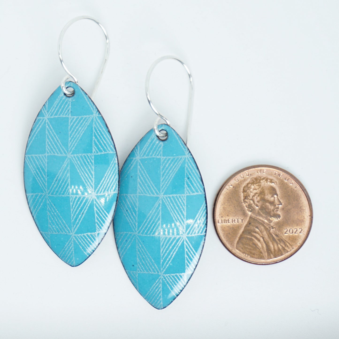 White Windmill Accents on Teal Green Enamel Marquis Earrings