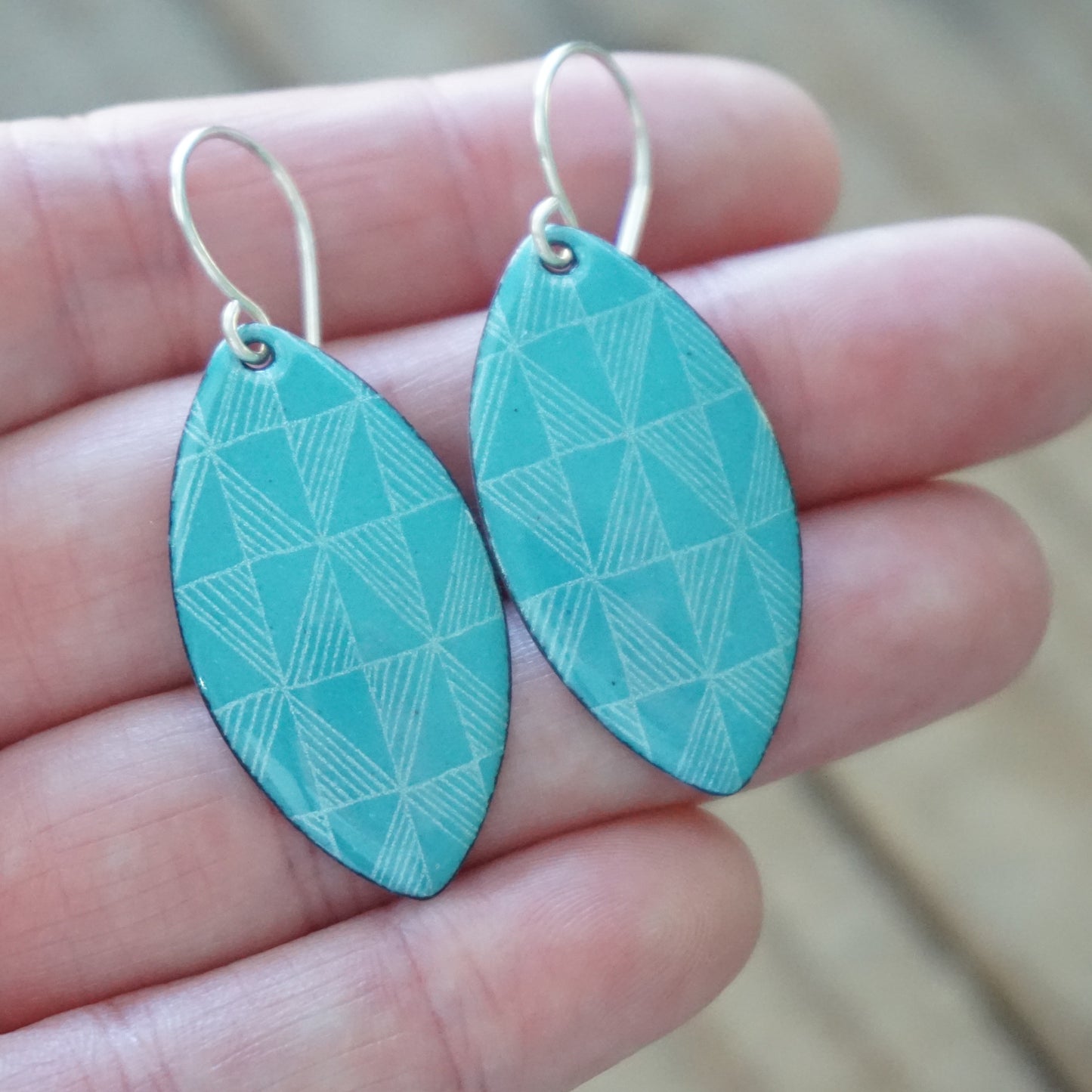 White Windmill Accents on Teal Green Enamel Marquis Earrings