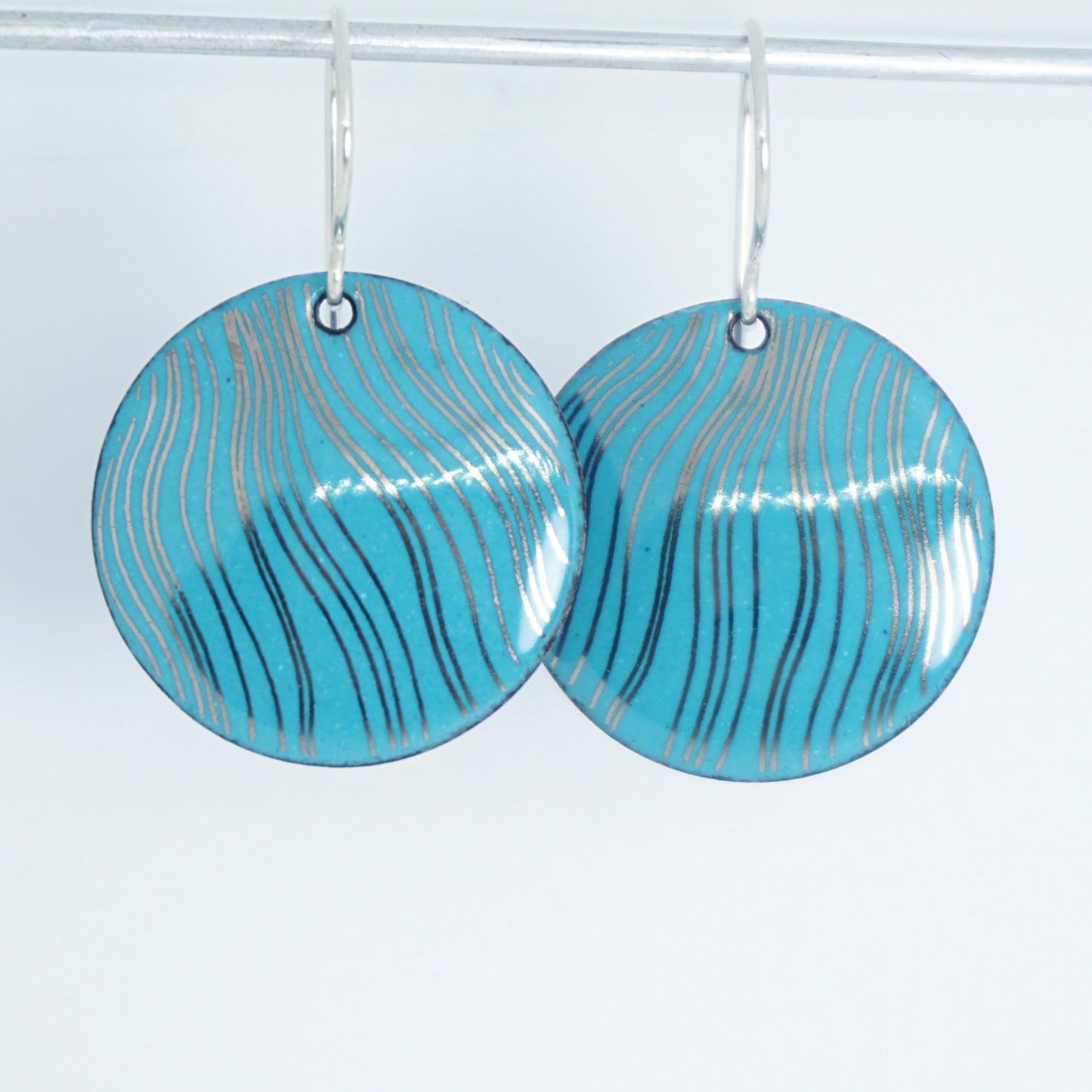 Silver Accents on Teal Green Enamel Disc Earrings