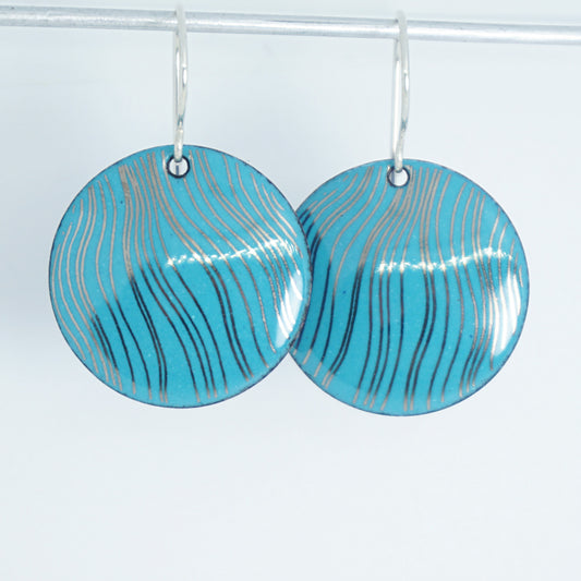 Silver Accents on Teal Green Enamel Disc Earrings