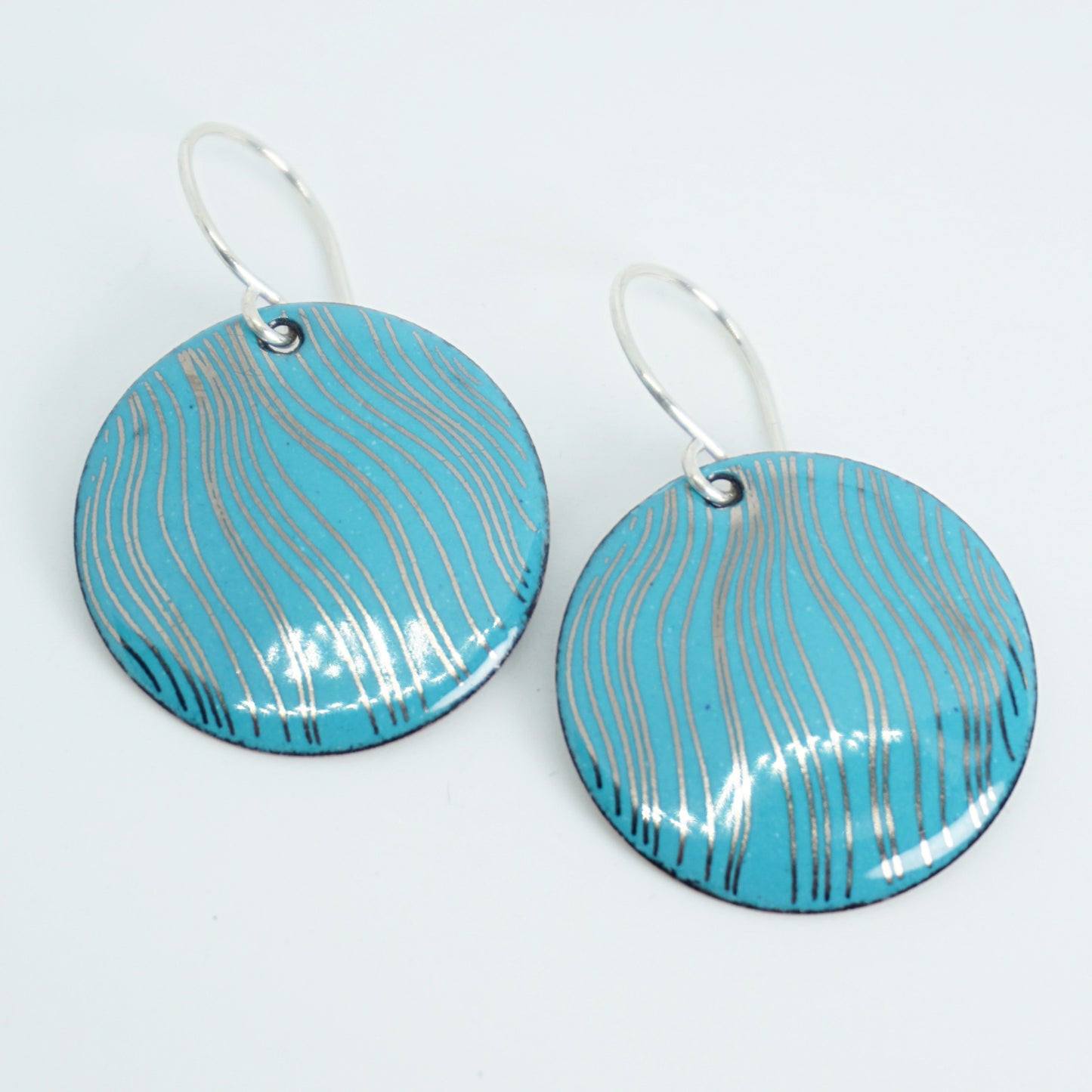 Silver Accents on Teal Green Enamel Disc Earrings