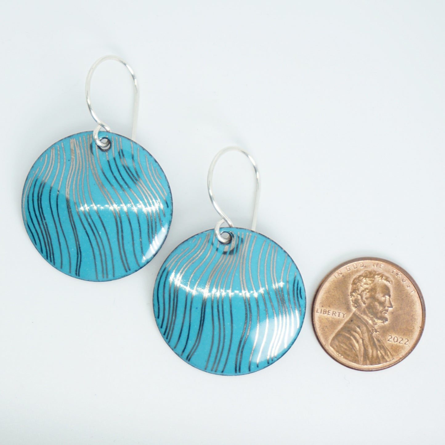 Silver Accents on Teal Green Enamel Disc Earrings