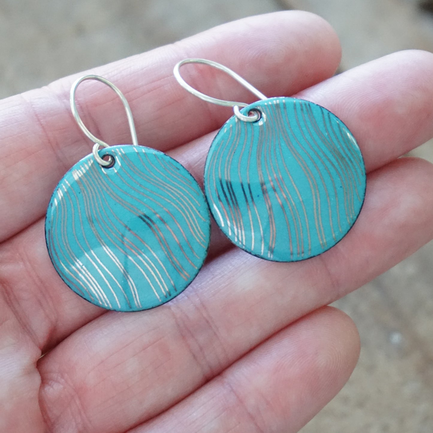 Silver Accents on Teal Green Enamel Disc Earrings