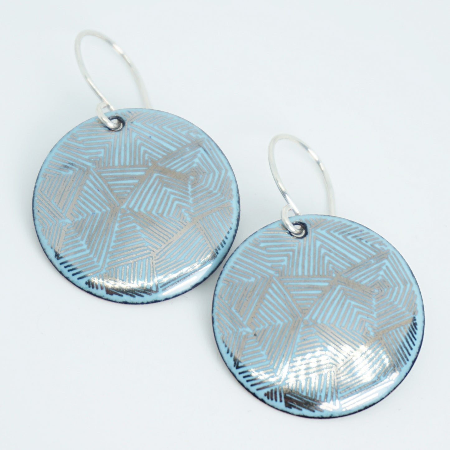 Silver Accents on Light Blue Enamel Disc Earrings