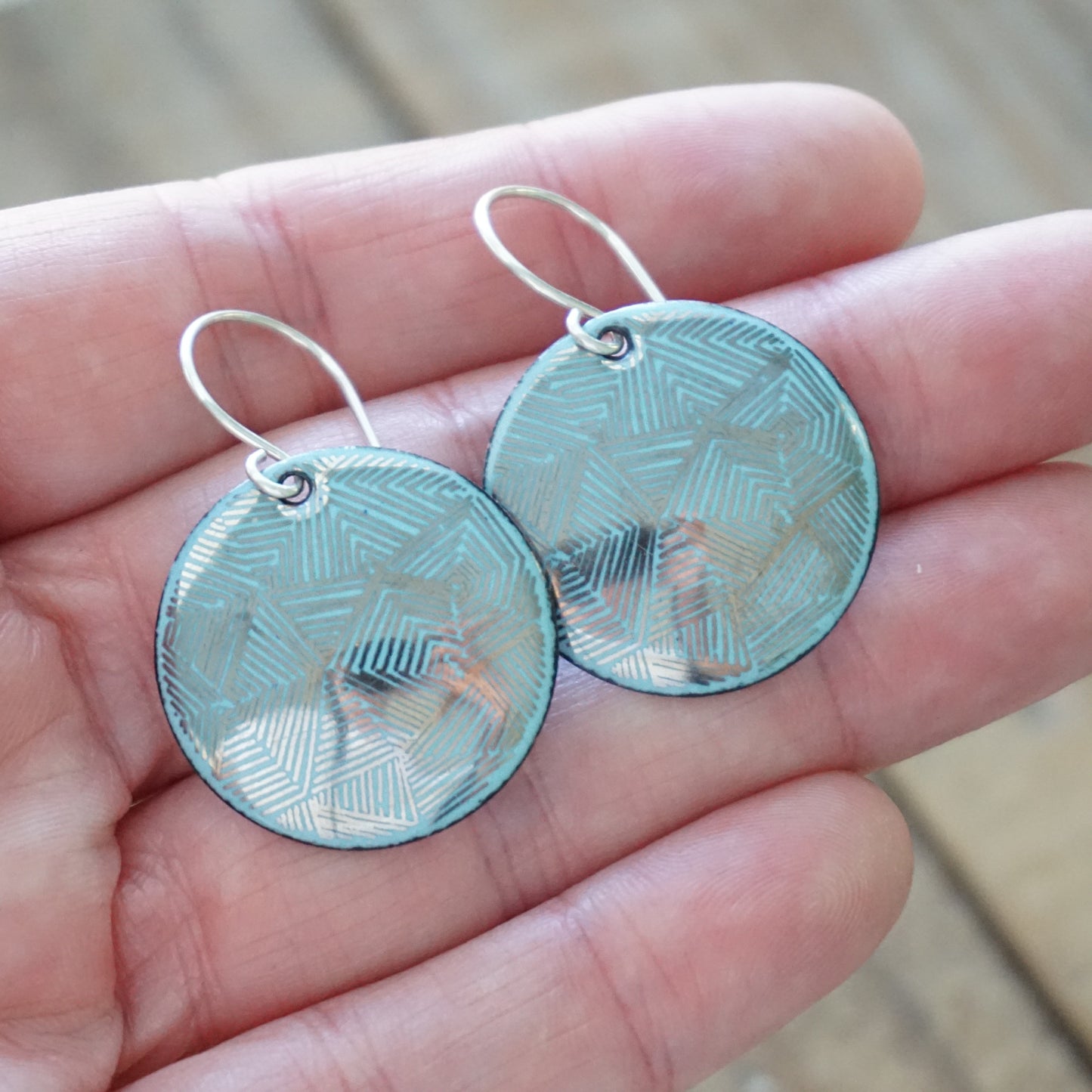 Silver Accents on Light Blue Enamel Disc Earrings