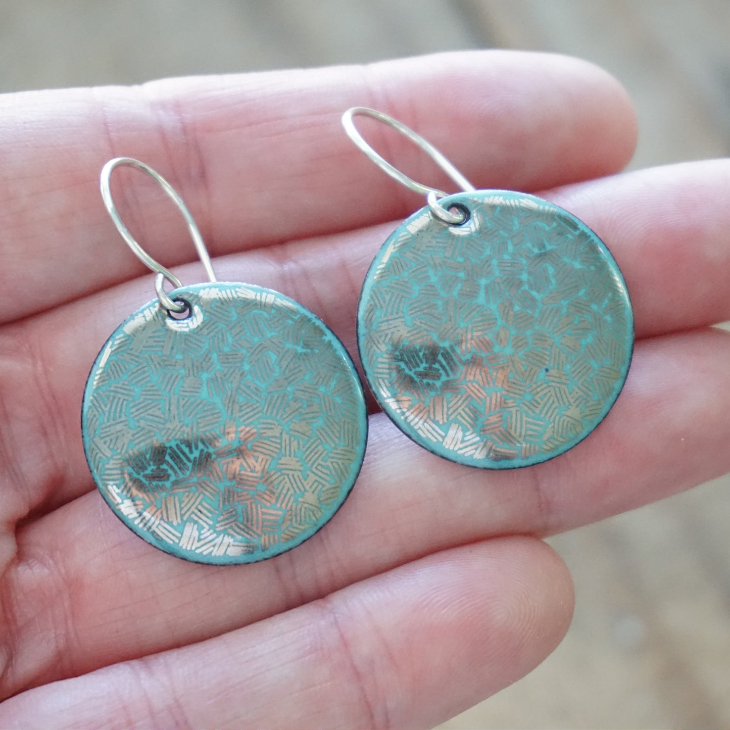 Silver Accents on Green Enamel Disc Earrings