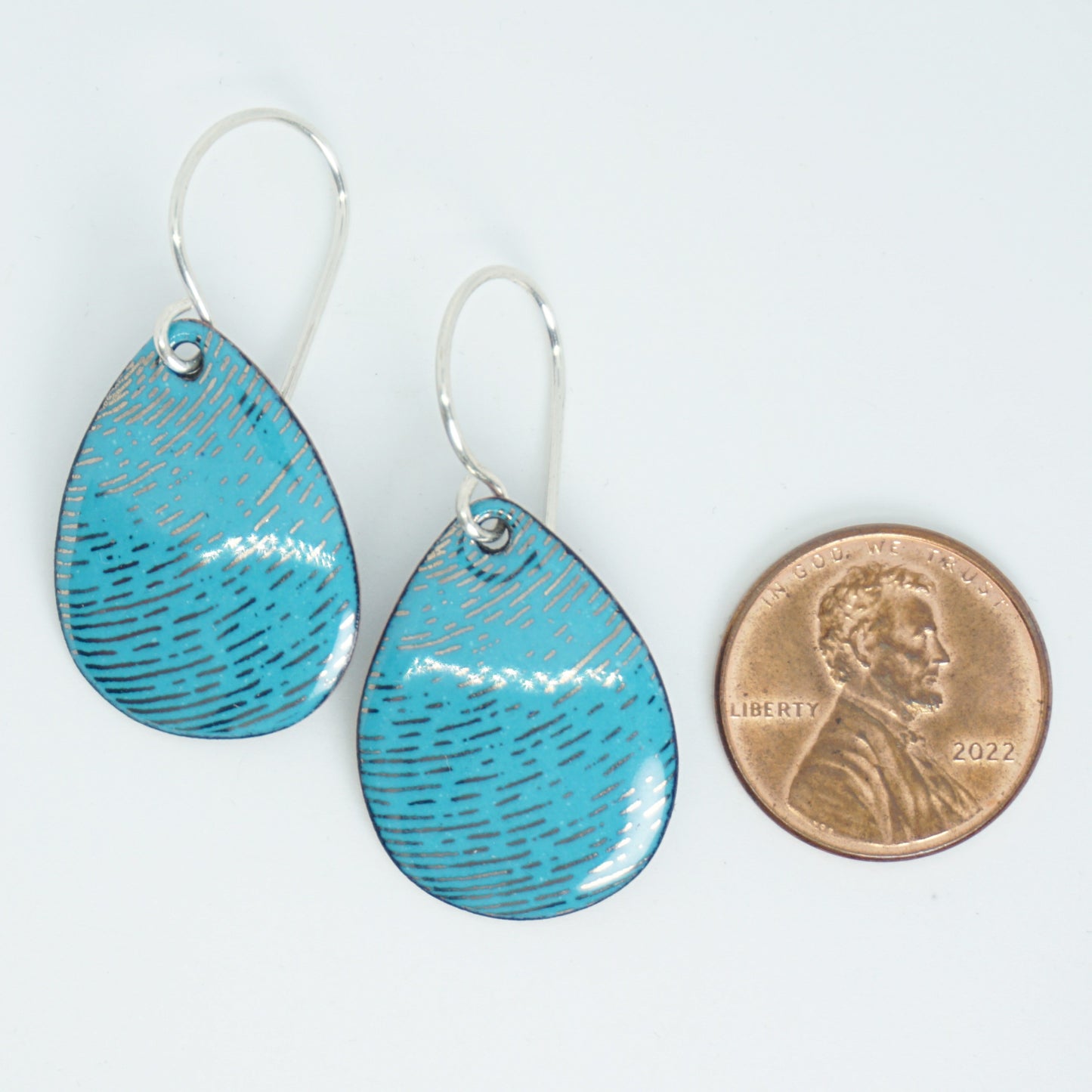 Silver Accents on Teal Green Enamel Teardrop Earrings
