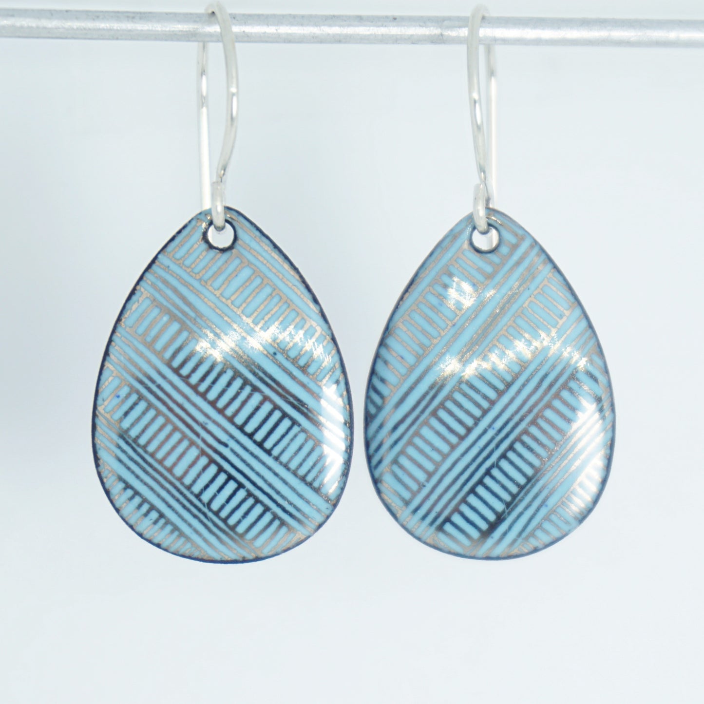 Silver Accents on Light Blue Enamel Teardrop Earrings