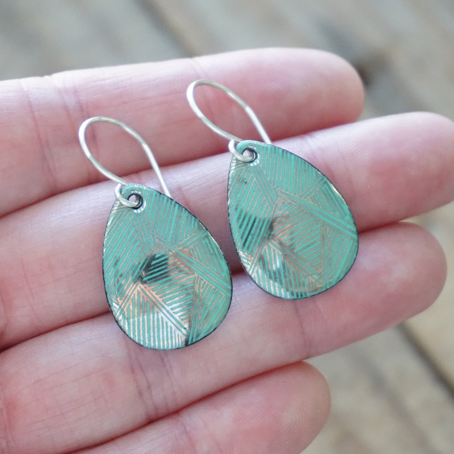 Silver Accents on Green Enamel Teardrop Earrings