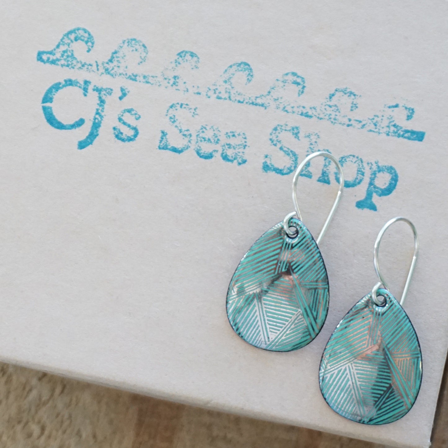 Silver Accents on Green Enamel Teardrop Earrings