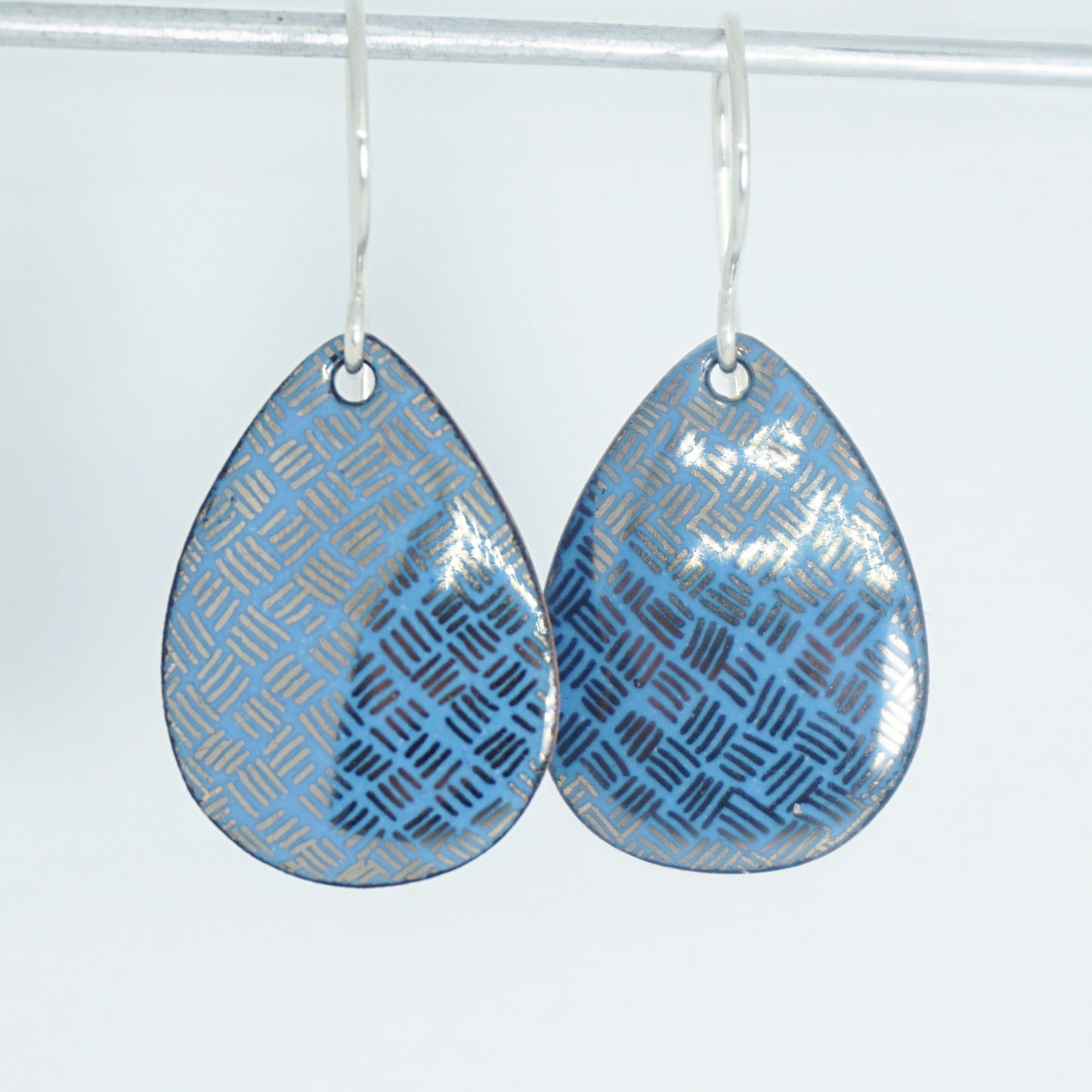 Silver Accents on Blue Enamel Teardrop Earrings