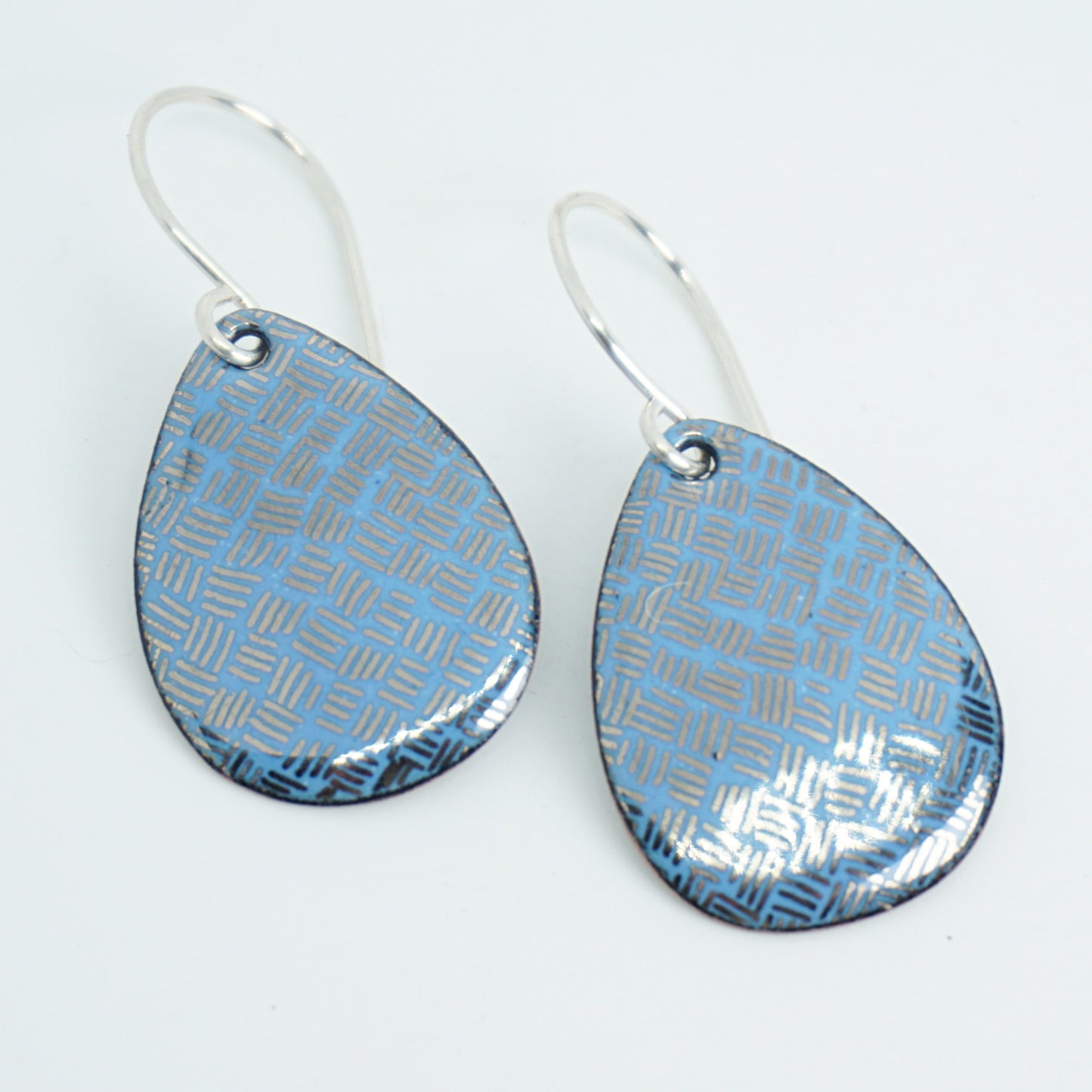Silver Accents on Blue Enamel Teardrop Earrings