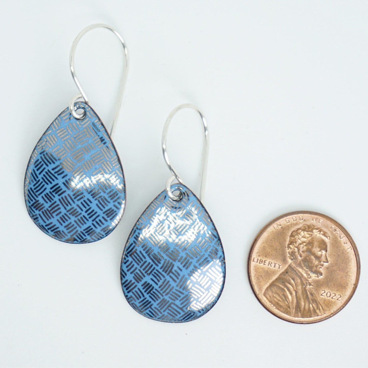 Silver Accents on Blue Enamel Teardrop Earrings
