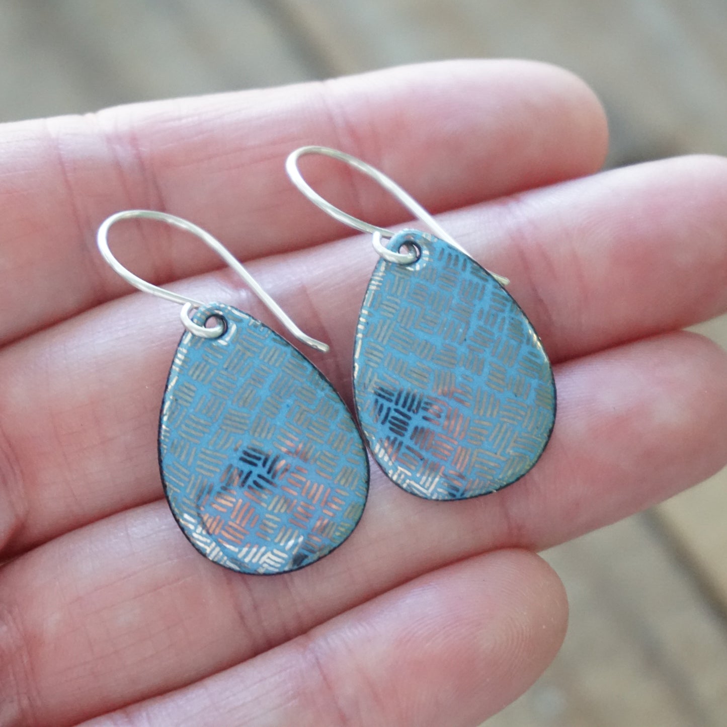 Silver Accents on Blue Enamel Teardrop Earrings